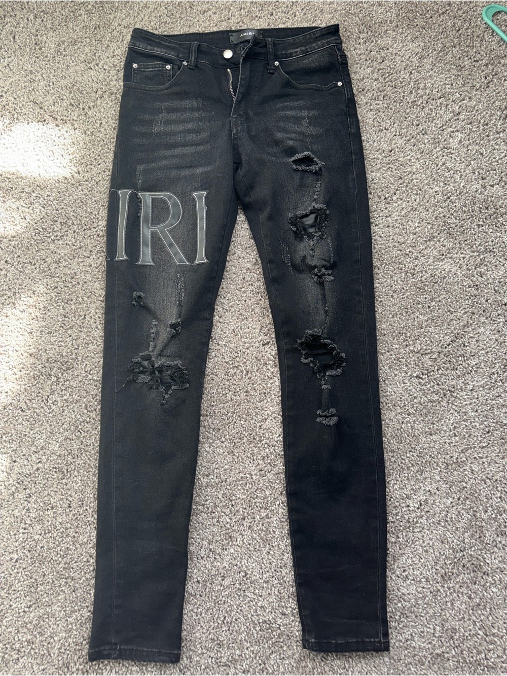 AMIRI Black Distressed Skinny Jeans with Side Logo